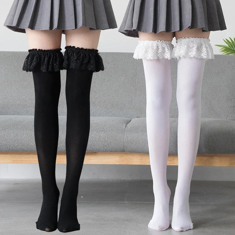 Japanische Damenstrümpfe im Lolita-Stil mit großem Spitzenrand, Falbala-Samt, niedliche weibliche Overknee-Hohe Röhrensocken für Frauen und Mädchen