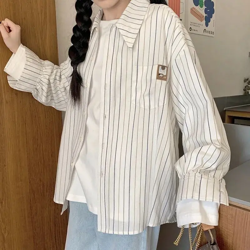 

QWEEK Striped Preppy Japanese Kawaii Woman Shirt Casual Youthful Oversized Cute Blouses Korean Style Vintage Long Sleeve Autumn