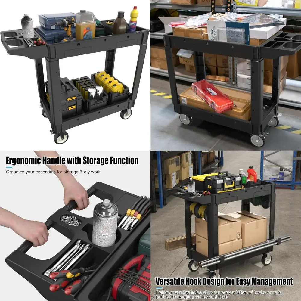 عربة أدوات بلاستيكية متدحرجة من طبقتين مع أرفف عميقة ومقبض تخزين مريح لتنظيم الأدوات وعقارب العمل