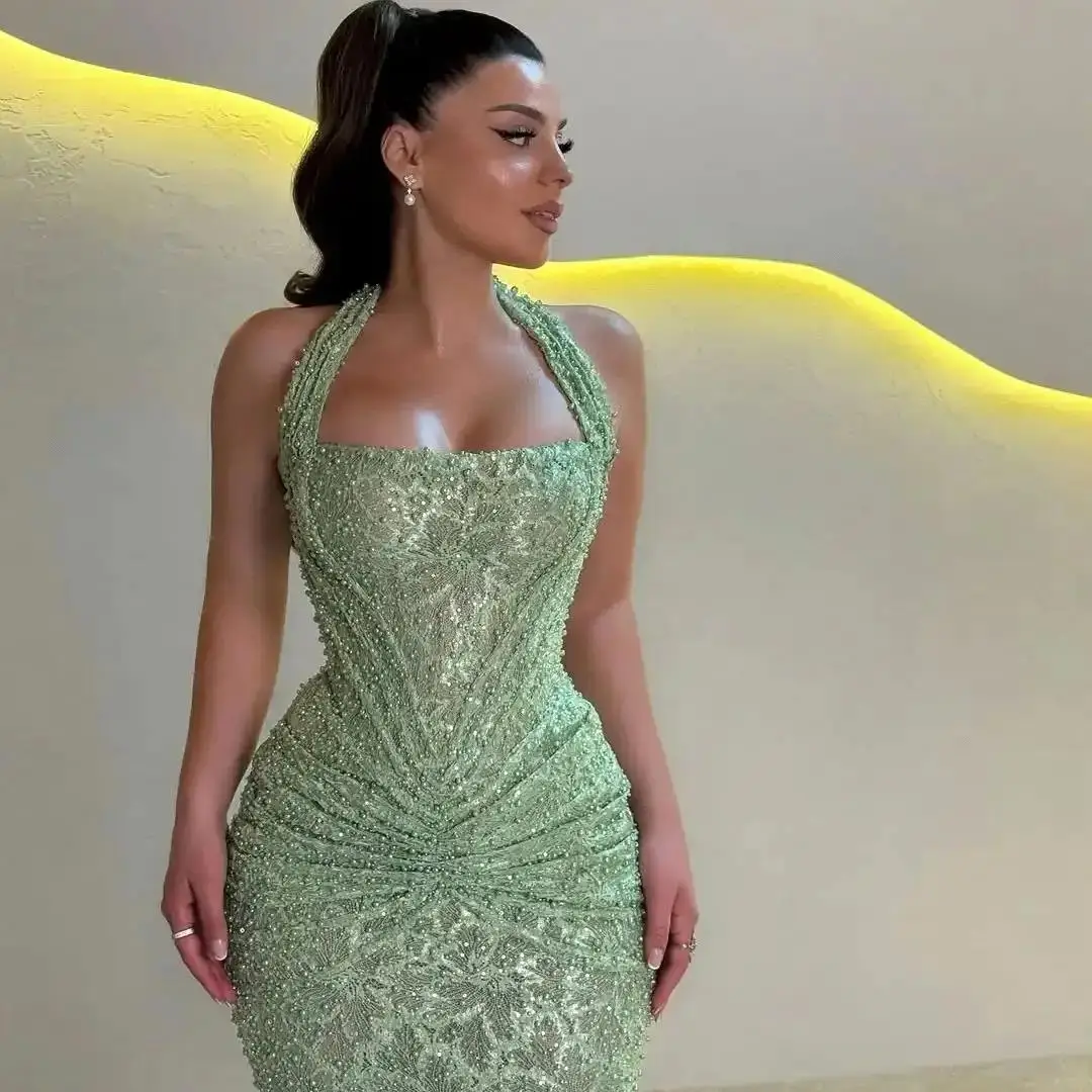 

SWEMILE Luxury Beading Halter Mermaid Evening Dresses 2026 Wedding Party Prom Gowns Mint Green Vestidos De Cóctel Customized