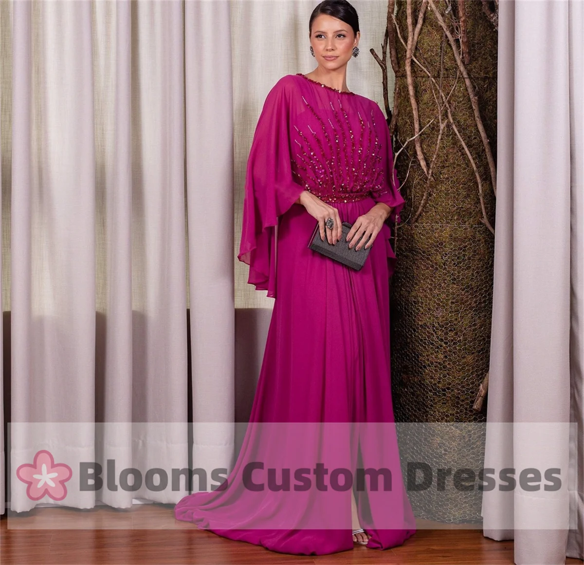 

Blooms Luxury Beads Sequin Mother of the Bride Dresses for Weddings Guest Plus Size A-Line Draped Chiffon Wedding Evening Dress