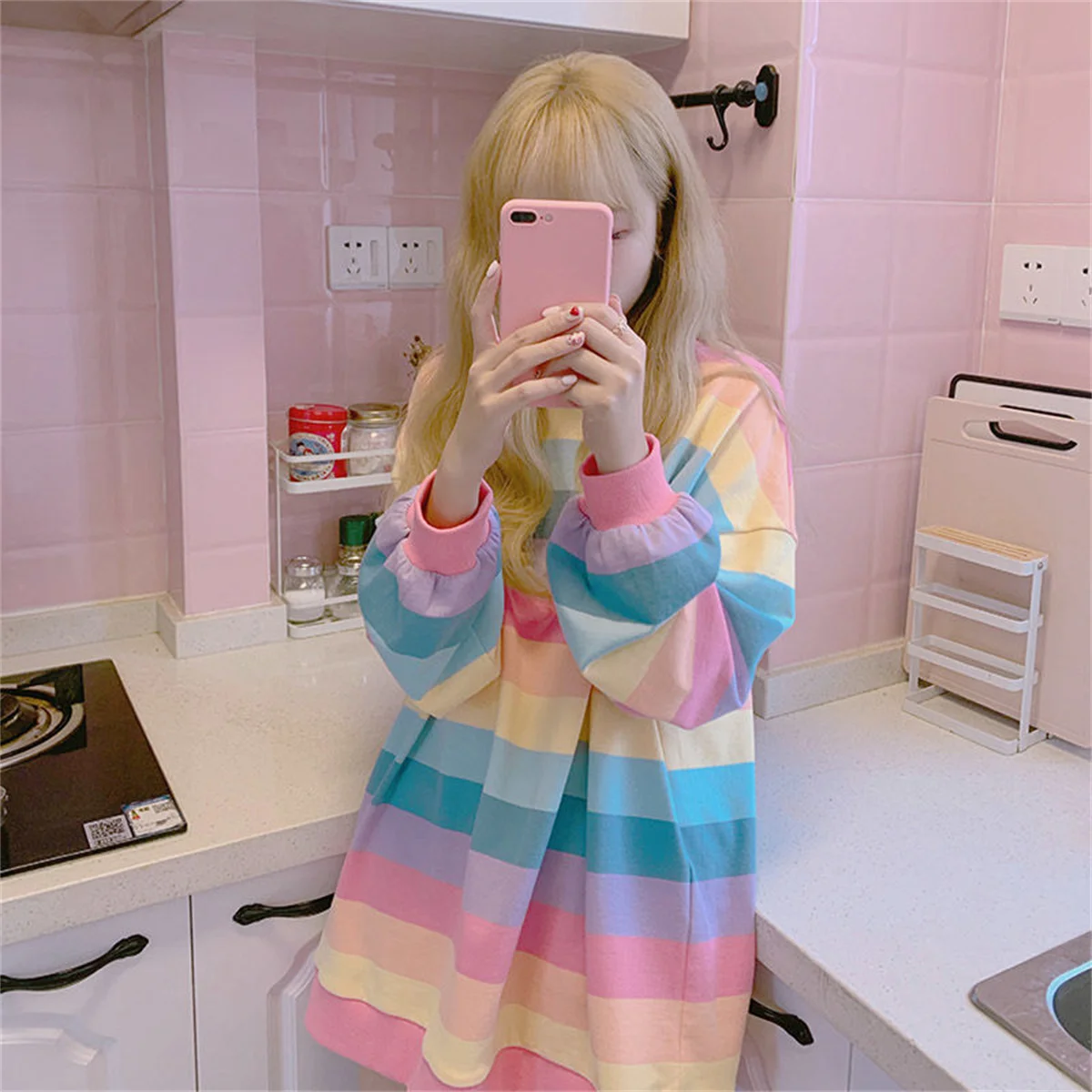 Pink Rainbow Striped Oversized T Shirts For Women Kawaii Summer Long Sleeve O-neck Shirt Korean Ladies Fleece Sweetops Tshirt