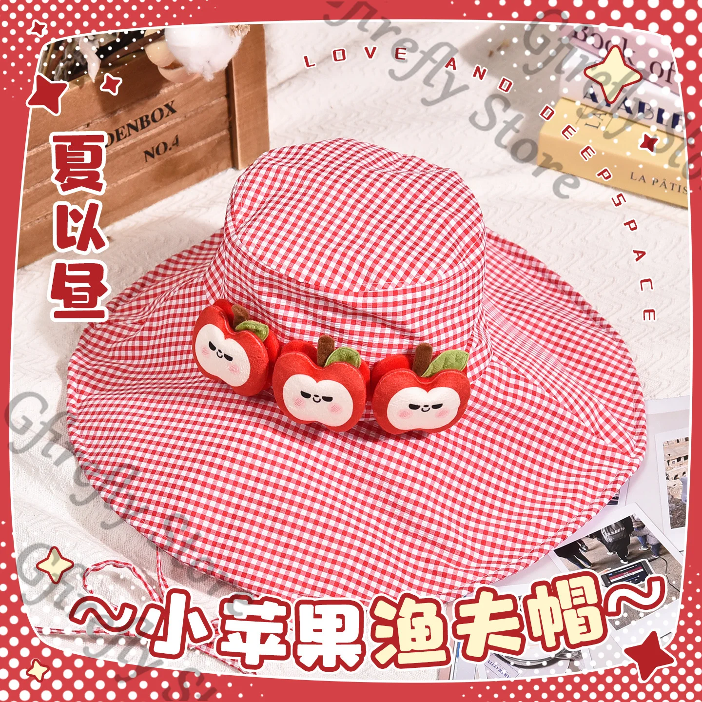 

Love and Deepspace Caleb Sun-protective Fisherman's Hat Cosplay Anime Bucket Hats Adorable Apple Checkered Pattern High Quality