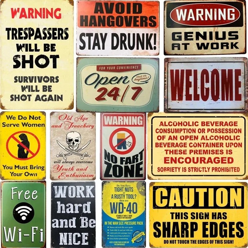 1Pc Vintage 2D Flat Funny Aesthetic Metal Sign Retro Rustic Warning Humor Trespassers Will Be Shot Genius At Work Avoid Hangover