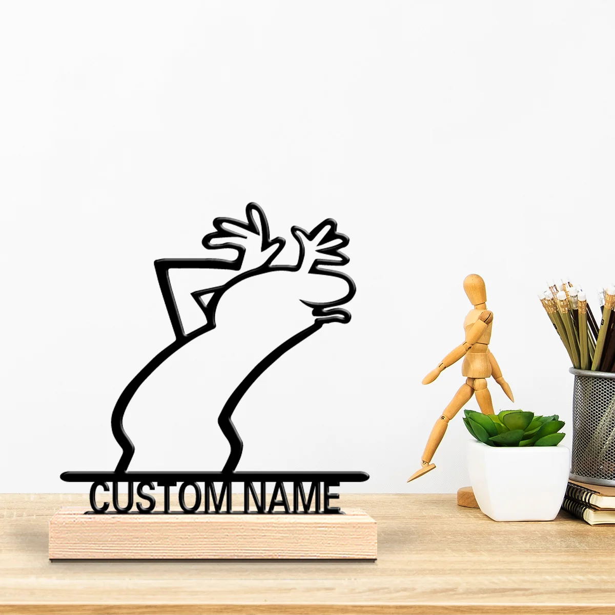 1pc Romantic Personalized Custom Quirky Line Person Metal Statues Desktop Sculpture With Wooden Base, Suitable For Office, B - Image 3