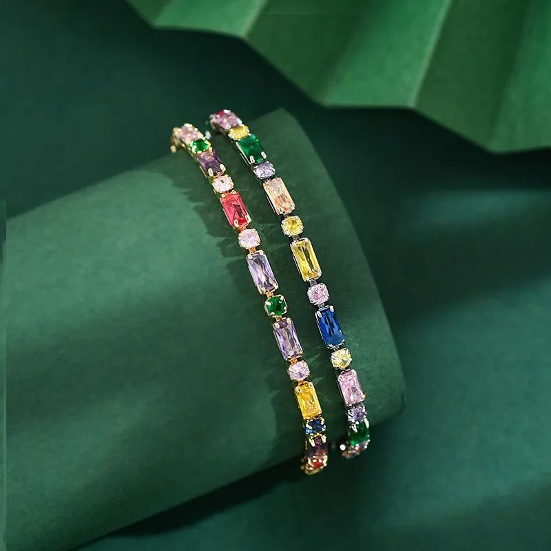 Colorful Zircon CZ Tennise Copper Bracelet For Women Gold Platinum Color Iced Out Stone Wrist Chain Jewelry Birthday Party Gifts