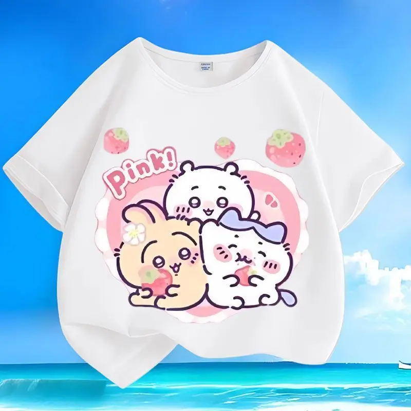 Kawaii Chiikawa Girls Short Sleeve Top Cotton Summer Tee Soft Breathable Skin-friendly Loose Fit Casual T-Shirt Daily Wear Gift
