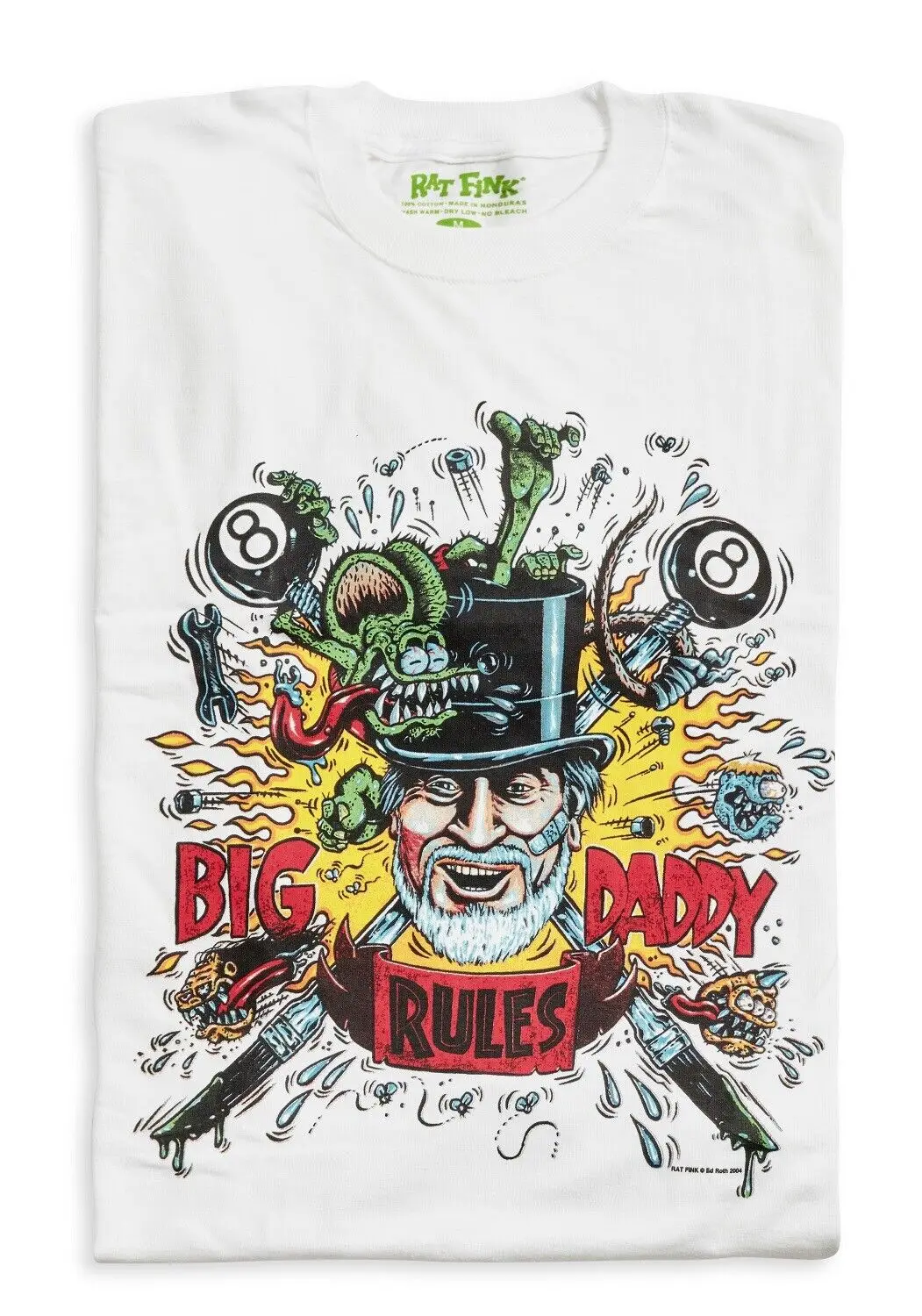 Men\'S Ed Roth Rat Fink Big Daddy Rules White Cotton T-Shirt M-3Xl Front Logo