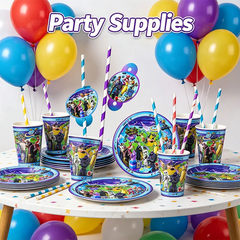 Fortnight-Themen Pappteller, Becher und Strohhalme Set für Gamer-Geburtstagsdekoration, Gaming-Party Tischgeschirr-Sets und Arrangements – Detail 2