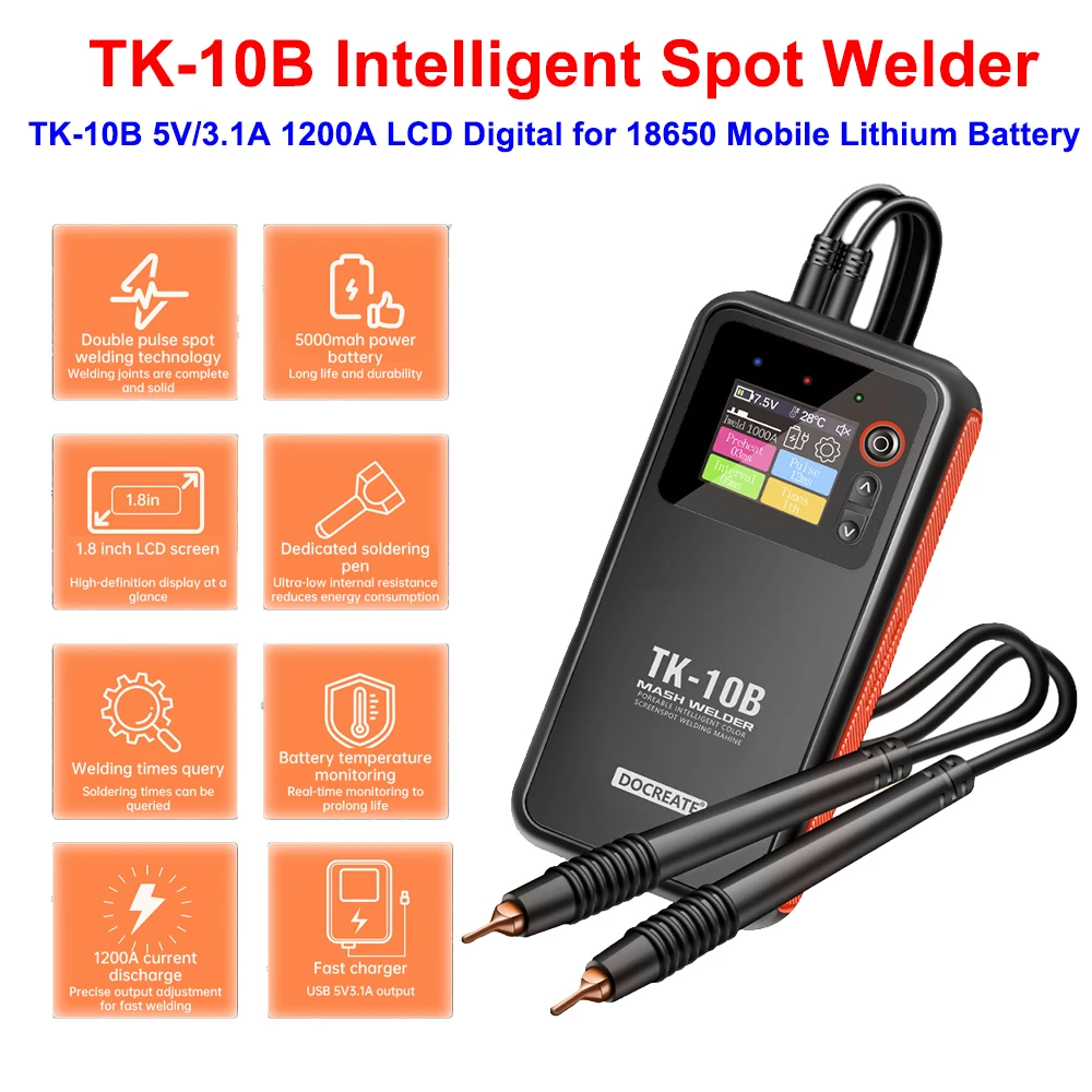 

TK-10B 5V/3.1A 1200A LCD Digital Spot Welding Machine for 18650 Mobile Lithium Battery Welding Portable Intelligent Spot Welder
