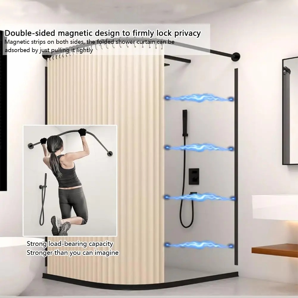 Magnetic Folding Shower Curtain, Watertight Bathroom Corner Partition with Curved Rod, Bathroom Shade Curtain, Privacy