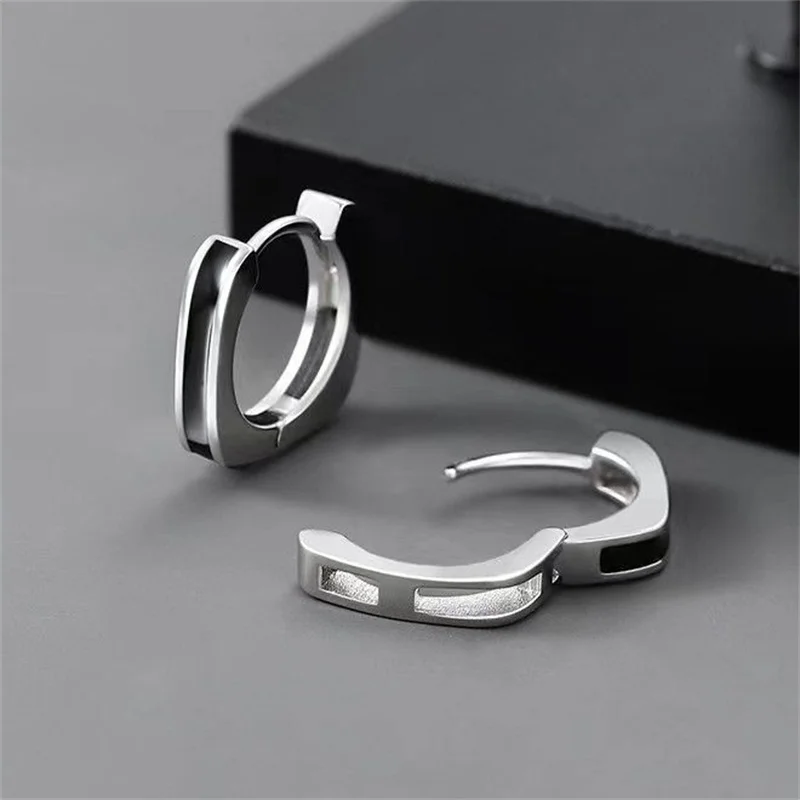 Men Earrings Silver 925 Sterling Jewelry Personality Black Square Hoops Earrings Male Personality Accessories For Boy Gift