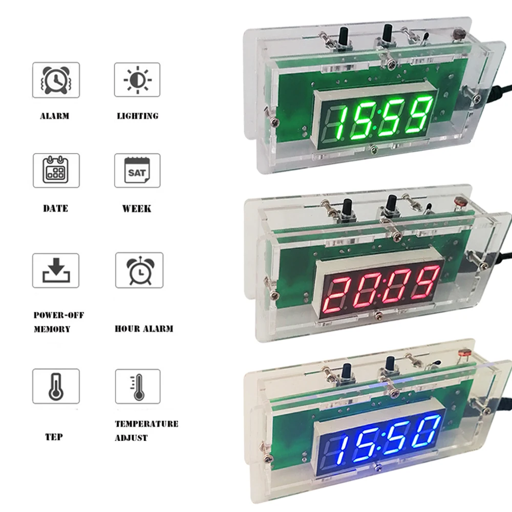 DIY 전자 키트 시계 디지털 LED 디스플레이 시간 조명 제어 온도 측정기, 녹색, 파란색, 빨간색 납땜 프로젝트 연습 키트