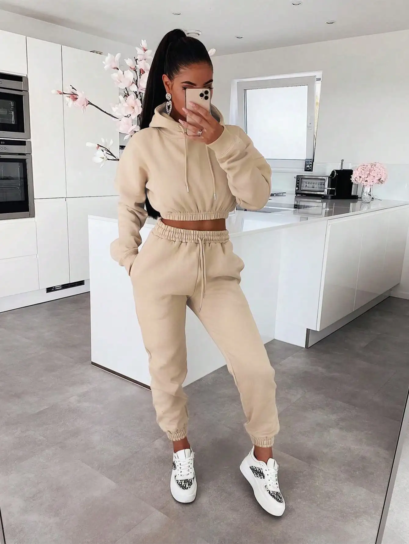 Women's Cropped Hooded Sweatshirt & Jogger Pants Set, Beige Solid Color, Casual Lounge Wear