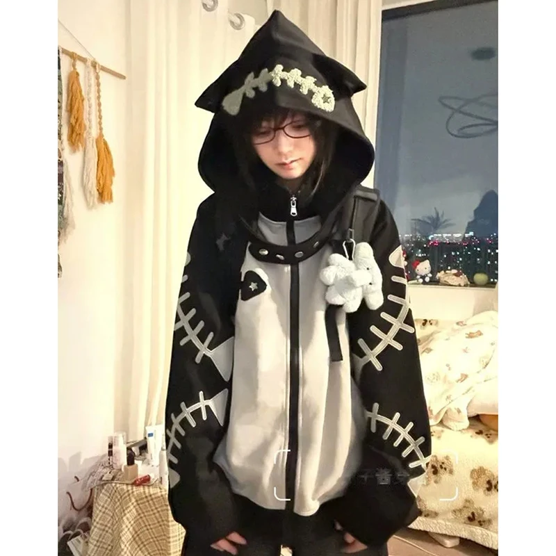 Subculture Halloween Hoodie Women Patchwork Fishbone Print Long Sleeve Sweatshirt Zip Embroidered Cute Stand Collar Jacket