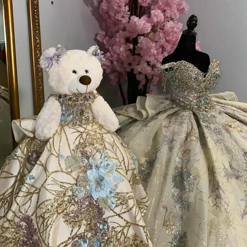 Vestidos De quinceañera con volantes De cristal y lentejuelas brillantes dorados, vestido De baile con hombros descubiertos y cuentas, Vestidos personalizados De XV Anos