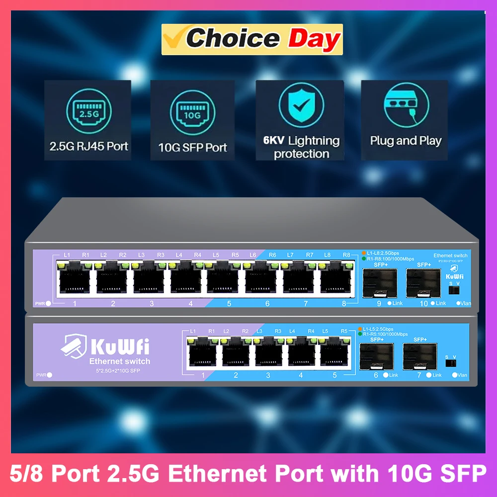 KuWFi 2.5G Network Switch 5 8 Port Gigabit Ethernet Switch 10G SFP 6KV Lightning Protection VLAN Mode for IP Camera CCTV NVR