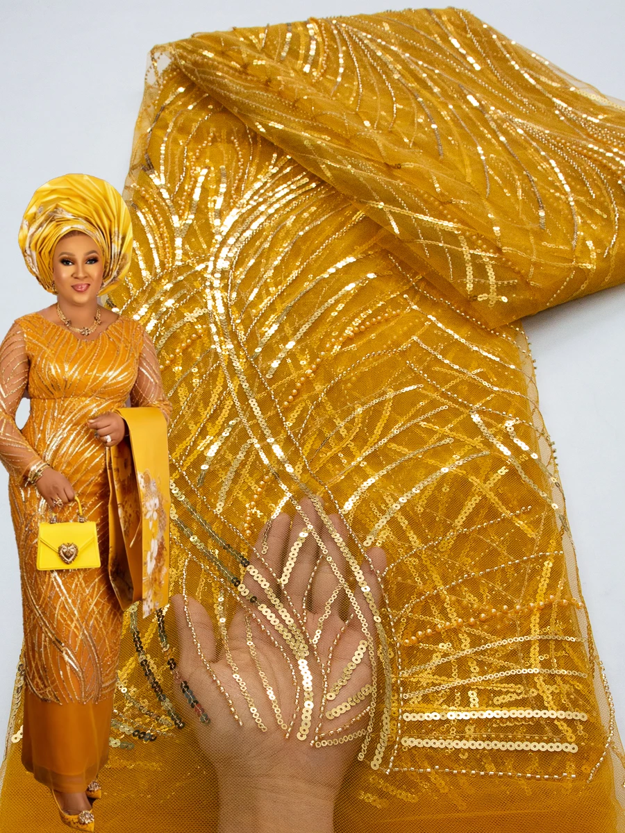 

Элитная африканская ткань с пайетками и бисером, кружево, 2026, высокое качество, 5 ярдов, для жениха, нигерийская свадебная вышивка, французский тюль для шитья