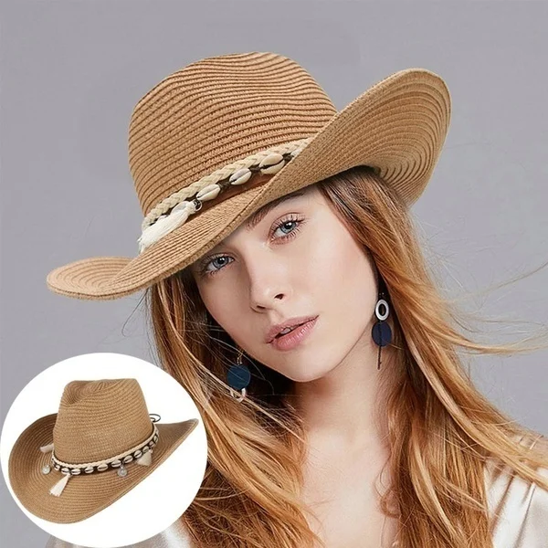 

Шляпа с бахромой из ракушек Cowgirl, летняя соломенная шляпа для женщин и мужчин, ковбойская шляпа в западном стиле, женская модная плетеная шляпа от солнца, Пляжная шапка