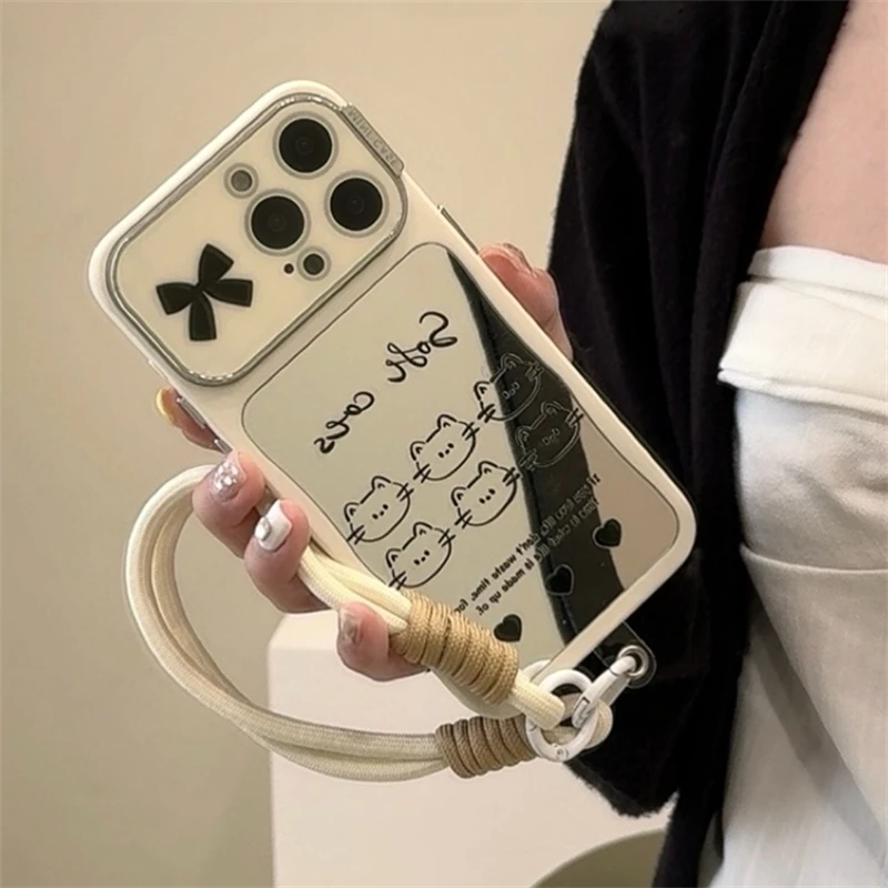 

Милый мультяшный кошка макияж зеркальный браслет чехол для iPhone 15 14 13 12 Pro Max 11 Kawaii Девушка Бант любовь сердце письмо мягкий чехол