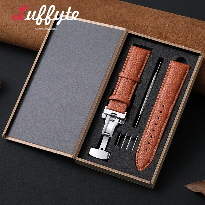 Uhrenarmband aus Leder mit Lychee-Textur, Schmetterlingsschnalle mit Geschenkbox, 18 mm, 20 mm, 22 mm, elegantes Armbanduhrenarmband für Männer und Frauen