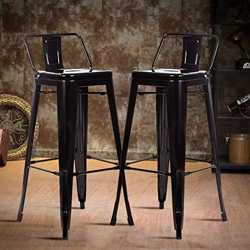 Bancadas industriais Conjunto de 2, cadeiras de metal preto com costas, estilo Tolix empilhável, JOMA Barstools, 30 "altura do assento