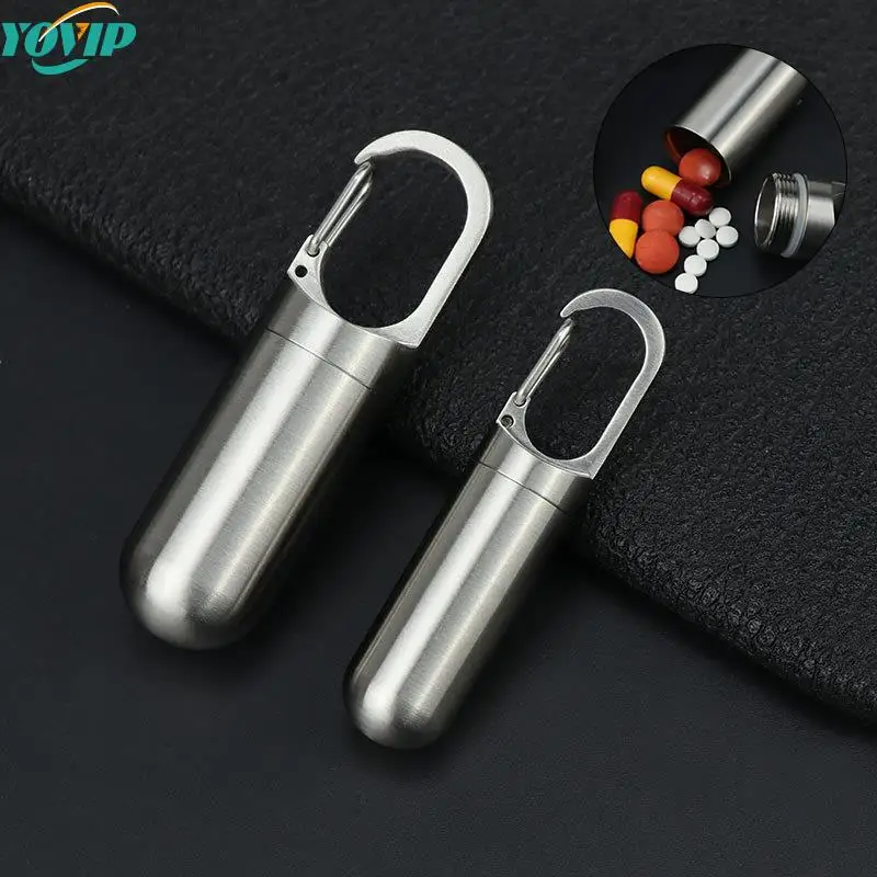 1Pcs Portable Mini Stainless Steel Sealed Capsule Waterproof Pill Box Camping Firstaid Pendant Travel Outdoor Portable Pill Case