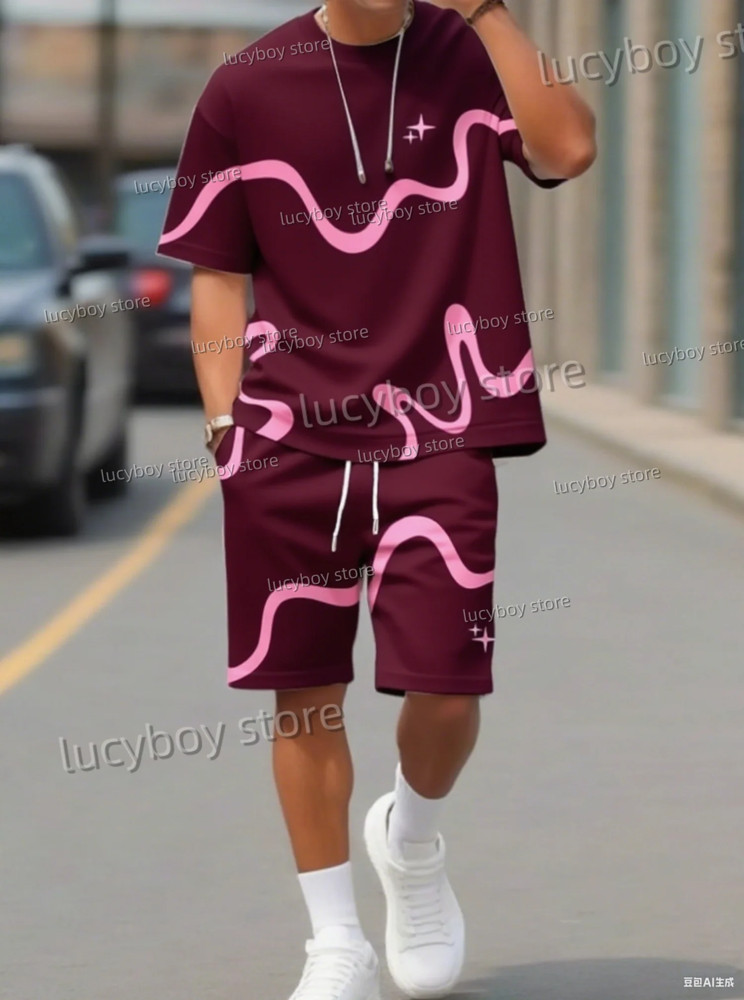 2025 Summer Men 3D digital wave  Print Set Short Sleeve T-Shirt Shorts Set Adult Sport Jogging Plus Size Tracksuit 2 Piece Set