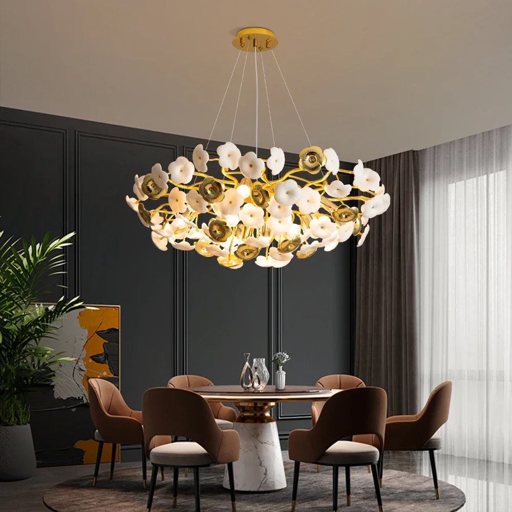 Luxury Ceramics Long Pendant Lights Living Room Ceramics Lampshade Pendant Chandeliers Room Decor Gold Led Ceiling Chandelier