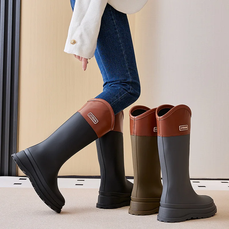 Shoes Boots Knee High Solid Soft Rainboots Shallow Women\'s Rain Shoes Women\'s Adult Galoshes High Boots Four Season Water Shoes