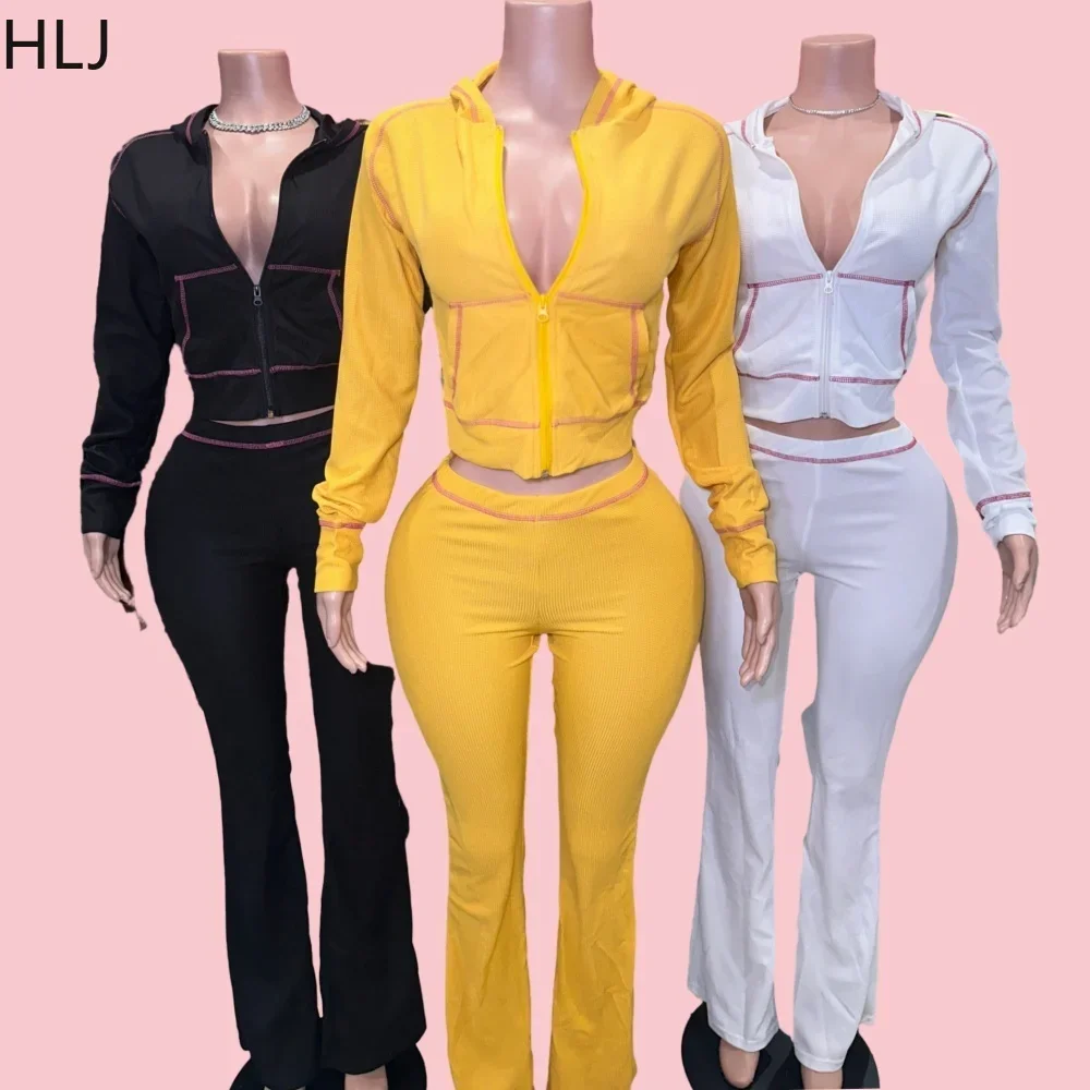 HLJ Spring Solid Waffle Flare Pants Two Piece Sets Women Hooded Zipper Long Sleeve Crop Top And Skinny Pants Outfits Streetwear