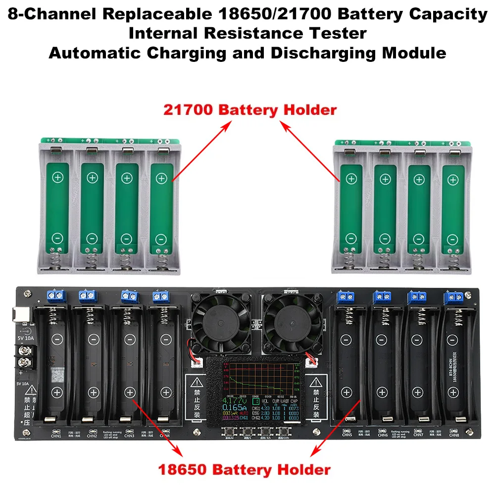 

8-Channel 21700 18650 Lithium Battery Auto Charge/Discharge Tester Capacity Internal Resistance Tester 2.4-in Color Screen DC 5V