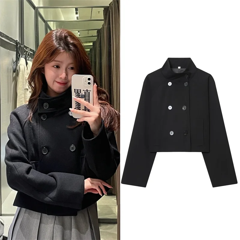 

Women's Jacket 2025 Autumn New Black Long-Sleeve Double-Breasted Half-High Collar Double-Front Short Cardigan Jacket Casual