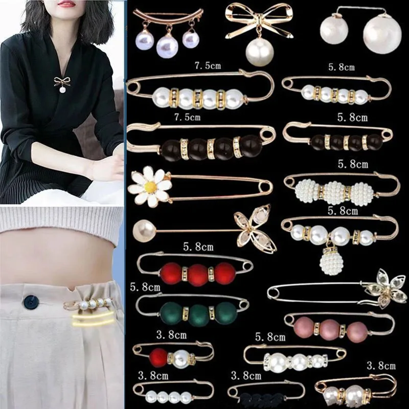 2/13pcs Clothing Brooch Pearl Crystal Brooches for Women Lapel Pin Tightening Waist Pin Buckle Badge DIY Pants Dress Accessories