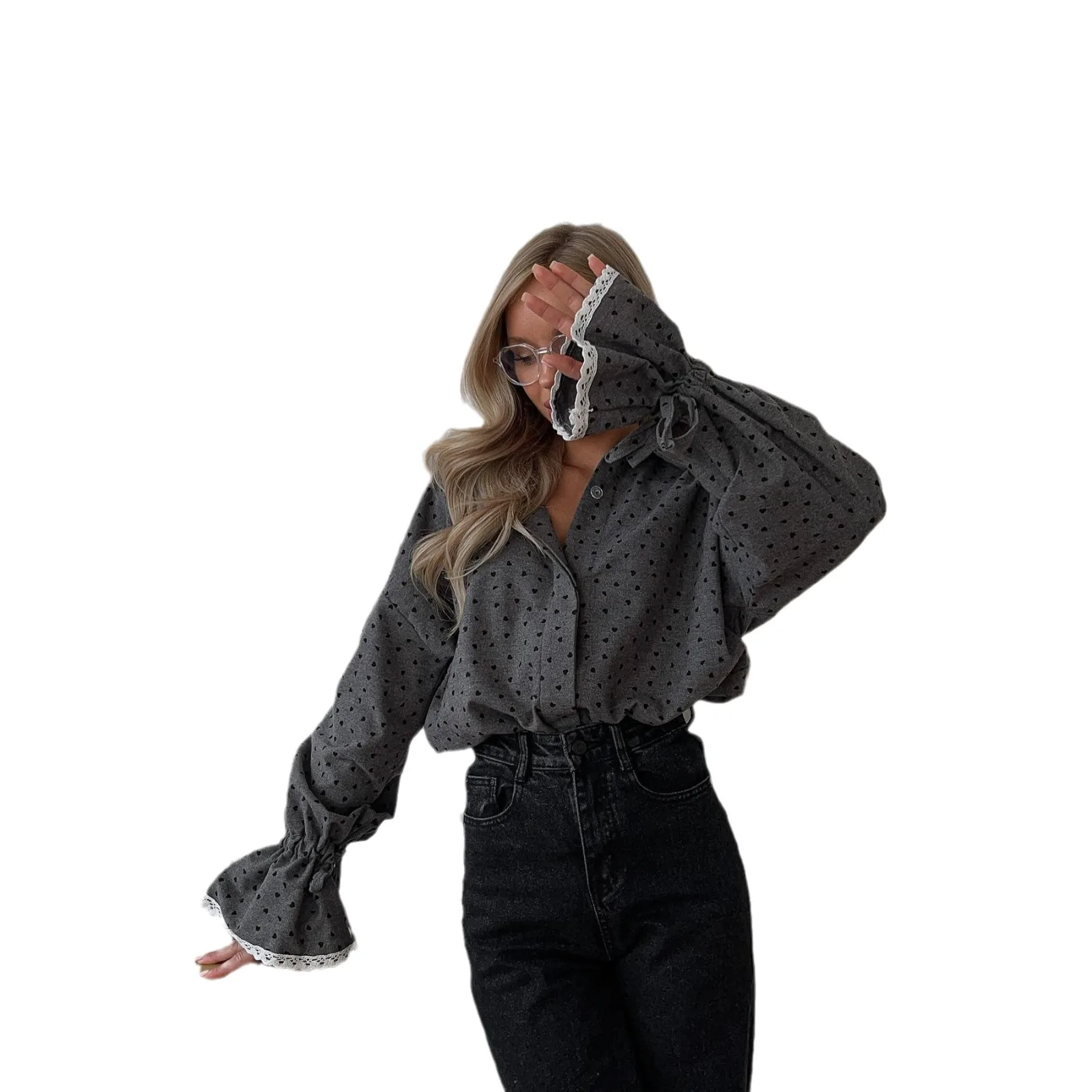 Herfst- en wintermodetrend damesshirt vest met enkele rij knopen herfst nieuwe temperament liefde bedrukte top