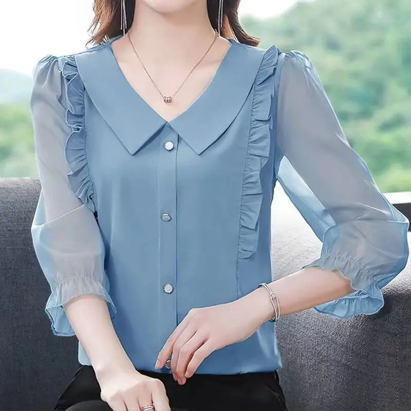 Women Korean Fashion Ruffle Elegant Button Shirt Spring Summer Casual Three-quarter Sleeve Blouse Solid Loose Tops Blusas Mujer