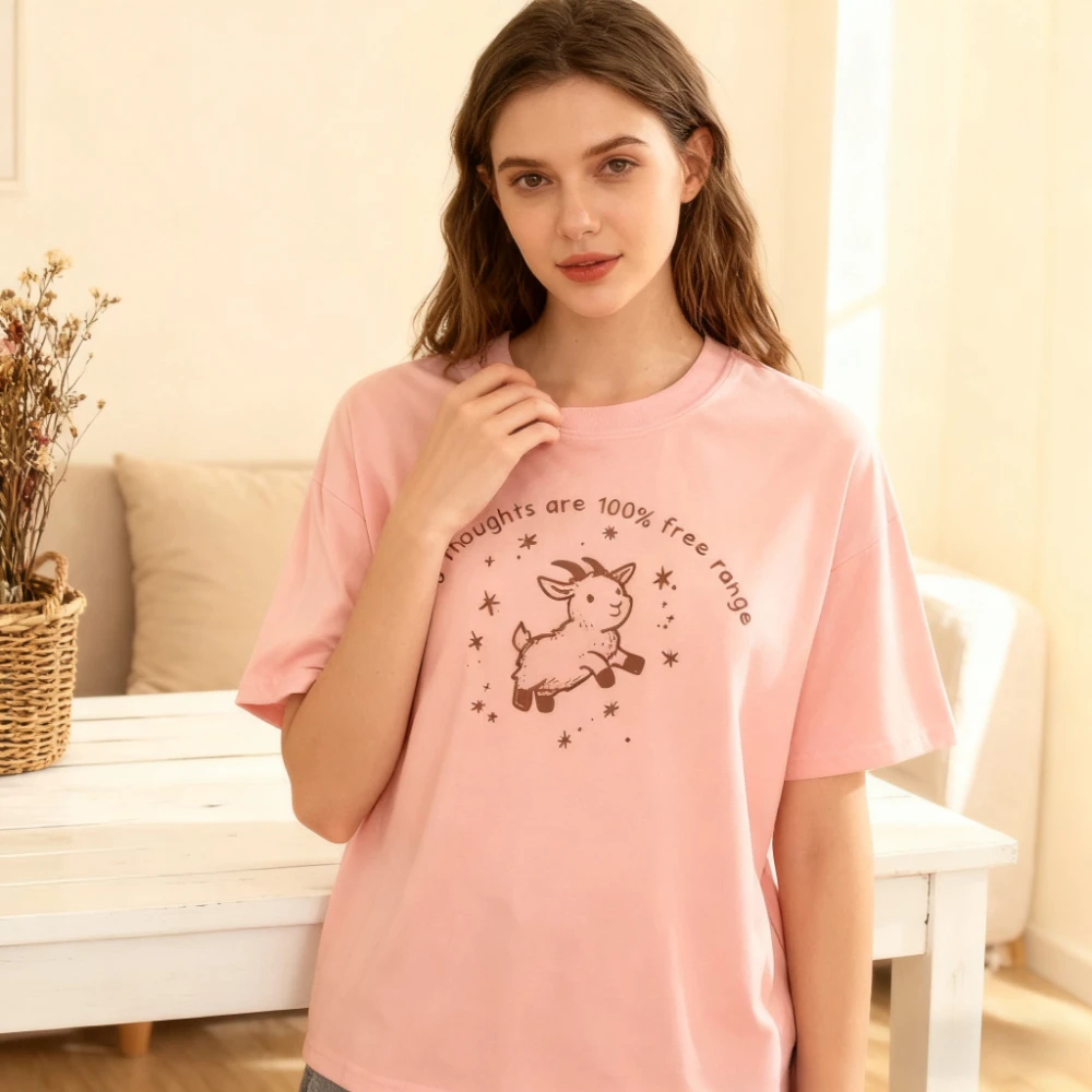 Cute Goat Graphic T-shirt 100% My Thoughts Are Free Range Funny Sassy Sarcastic Humor Joke Tee Women Casual Tops Ropa De Mujer