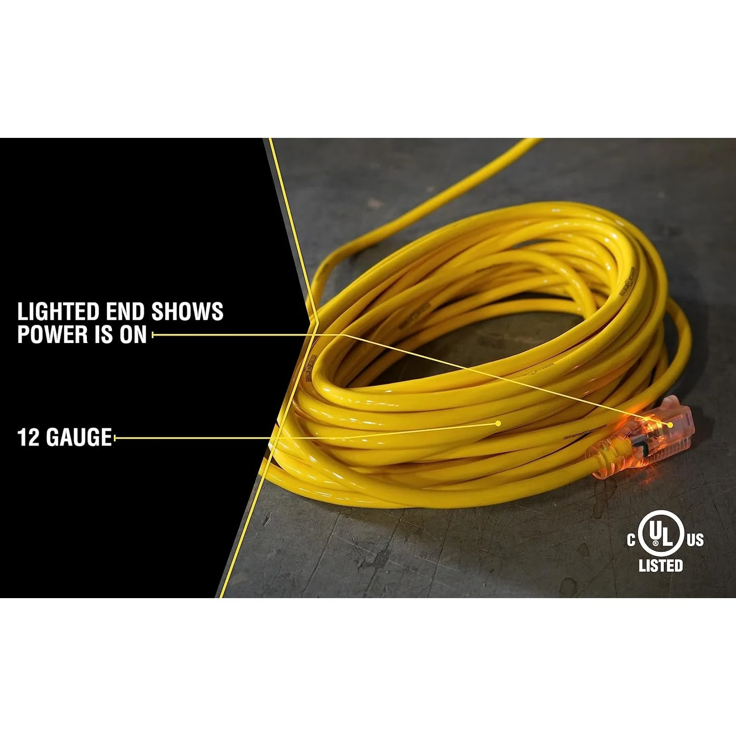 Yellow Jacket Heavy Duty Extension Cord, 100Ft, 12 Gauge, 3 Conductor, Lighted End, Weather Resistant, SJTW, Yellow, 2885