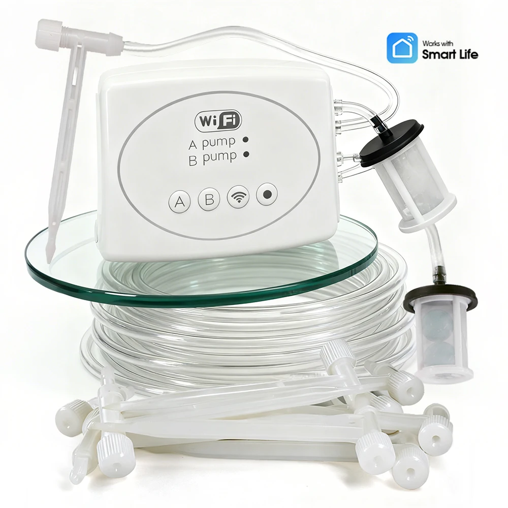 

Tuya Smart Wifi Dual Outlets Pump Timer Drip Irrigation System for Garden Adjustable Valve Dripping Arrow 1/4" Hose Watering Kit