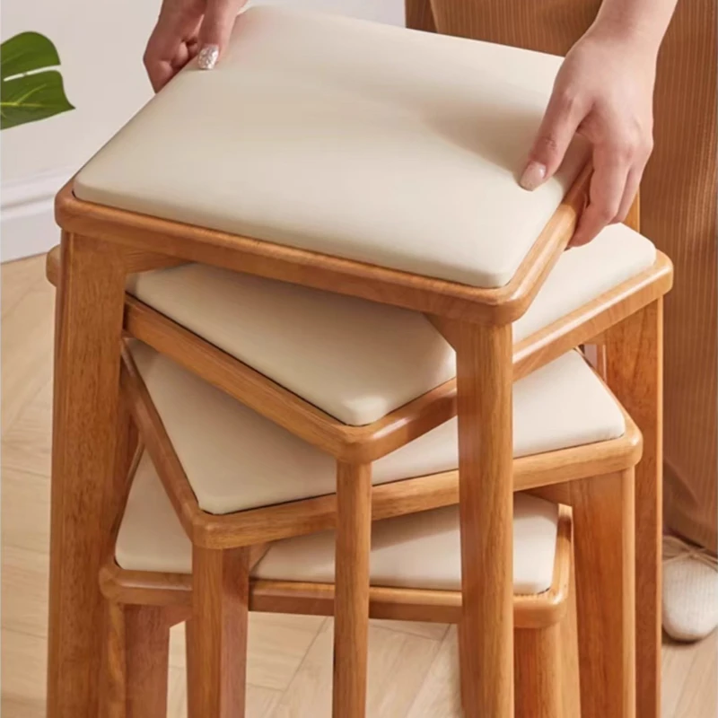 Light Luxury Square Stools Stackable Solid Wood Dining Stools Minimalist Round Ottoman for Living Room Space Saving Guest Chair