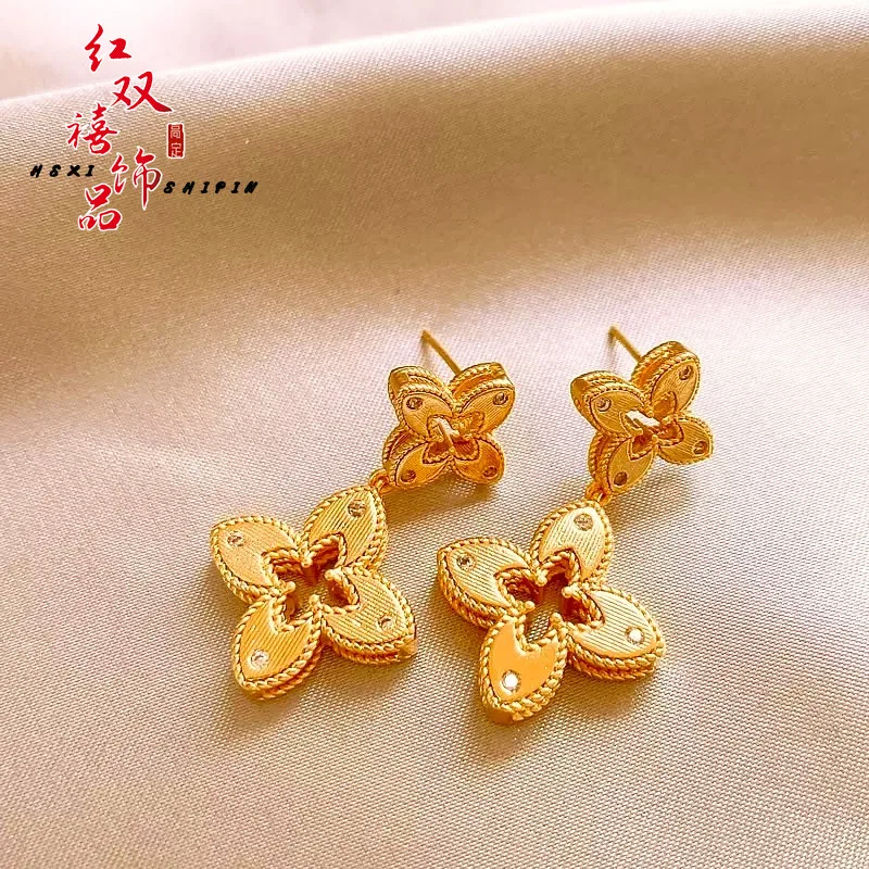 

Luxury 24K 9999 Pure Gold real gold Women's hollow leaf stud earrings