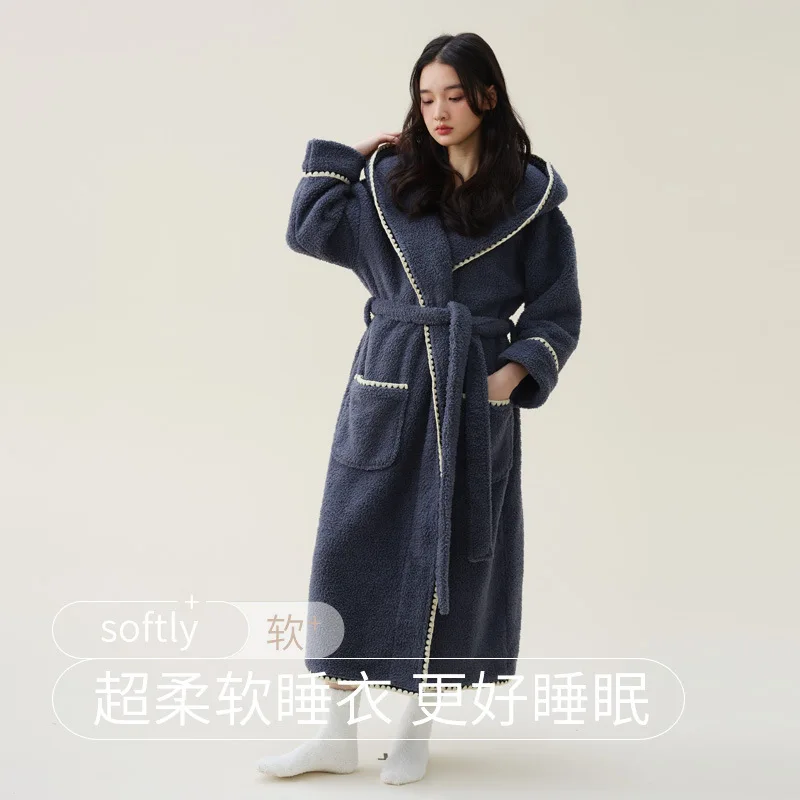 

Осень-зима, новая ночная рубашка для пар, коралловый плюш, толстый плюш, мужской и женский удлиненный однотонный повседневный халат