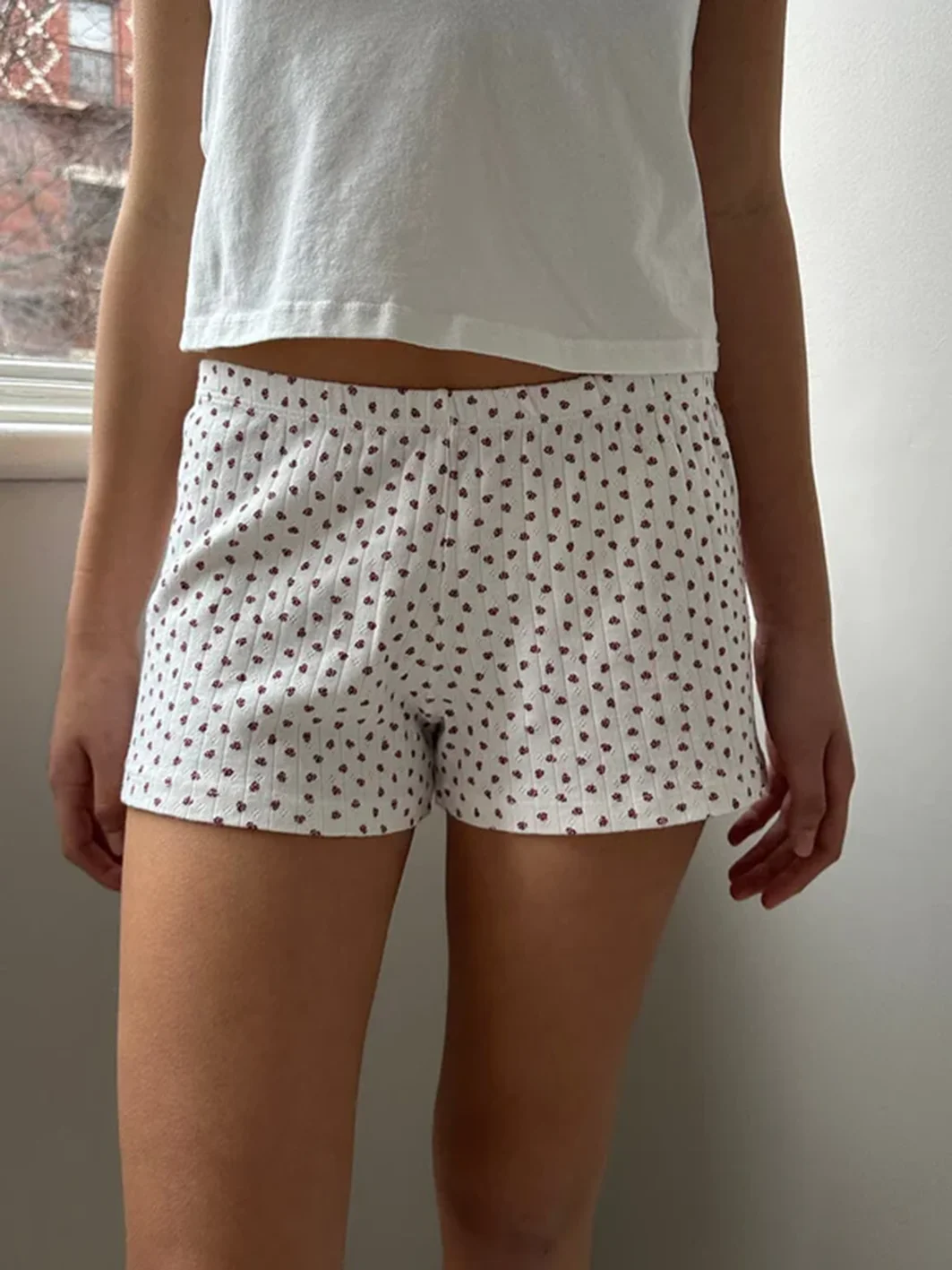 Red Floral Eyelet Shorts Fashion Elastic High Waist Straight Sweet Cute Short Pant Soft Cotton Home Underwear Woman Pants Y2k