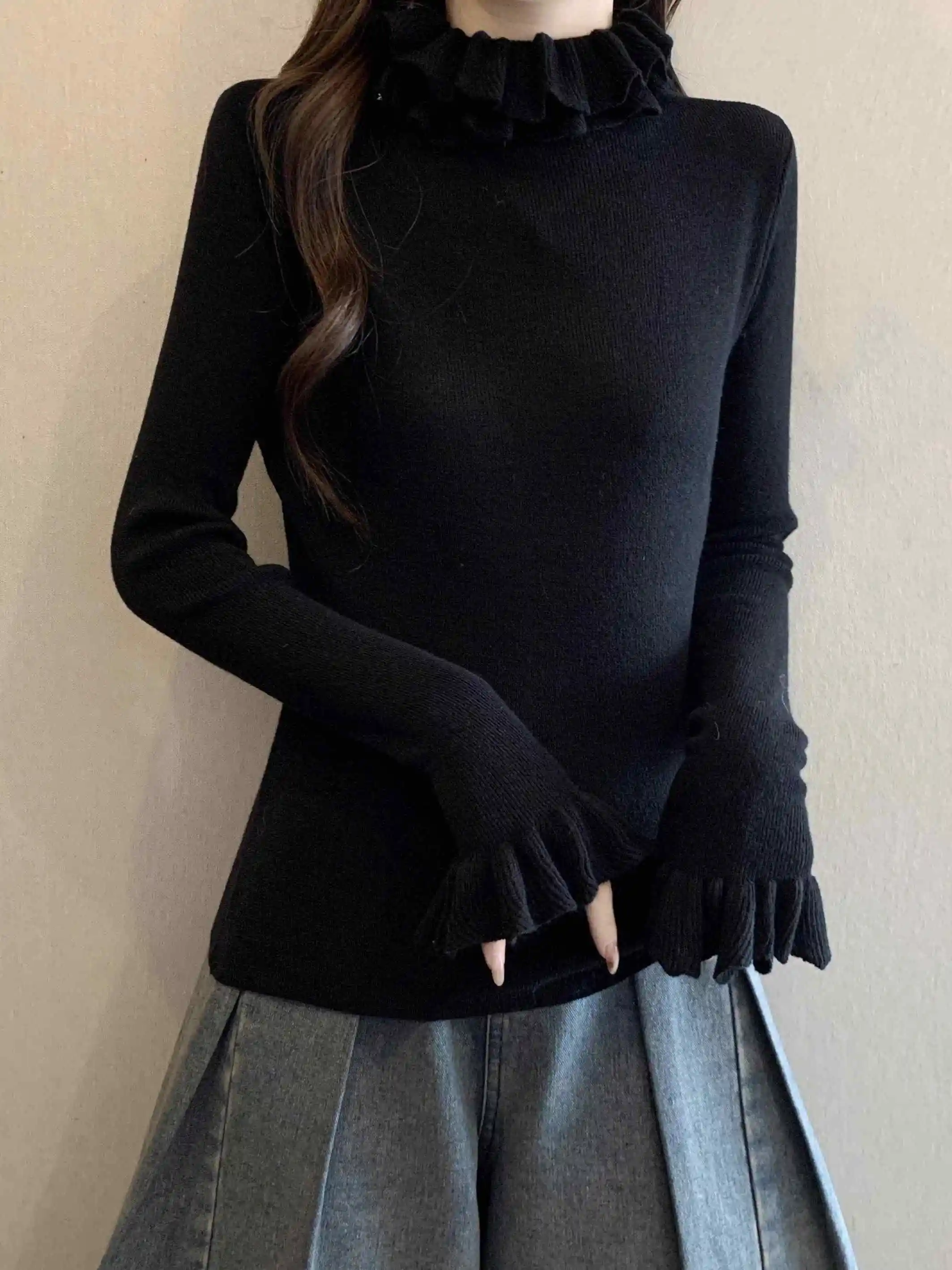 

Slimming Bla Knitted Long Sve f High Collar Base irt Women's Faion Korean Sle Wood Ear Loose Fit Top