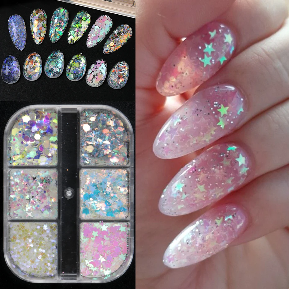6Grids Fantasy Holographic Glitter Nail Sequins - Shiny Round pieces, Stars, and Small Heart-shaped Sequins Nail Accessories DIY