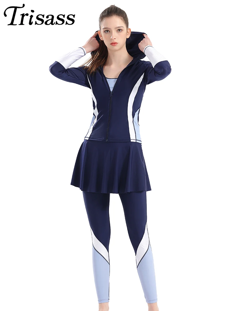 

Trisass 2024 New Three Piece Women Swimsuit Skirt Long Sleeve Outer wear With Cap Swimwear Long Pants Bathing suit Rash Guards