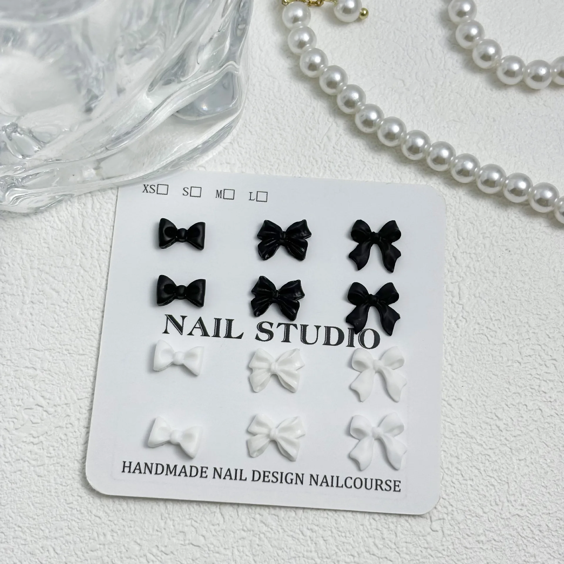 Classic Black White Nail Art Accessories Bow Rice White Bow Tie Nails 3D Decorations Diamond Nail Resin Charms DIY Manicure Tool