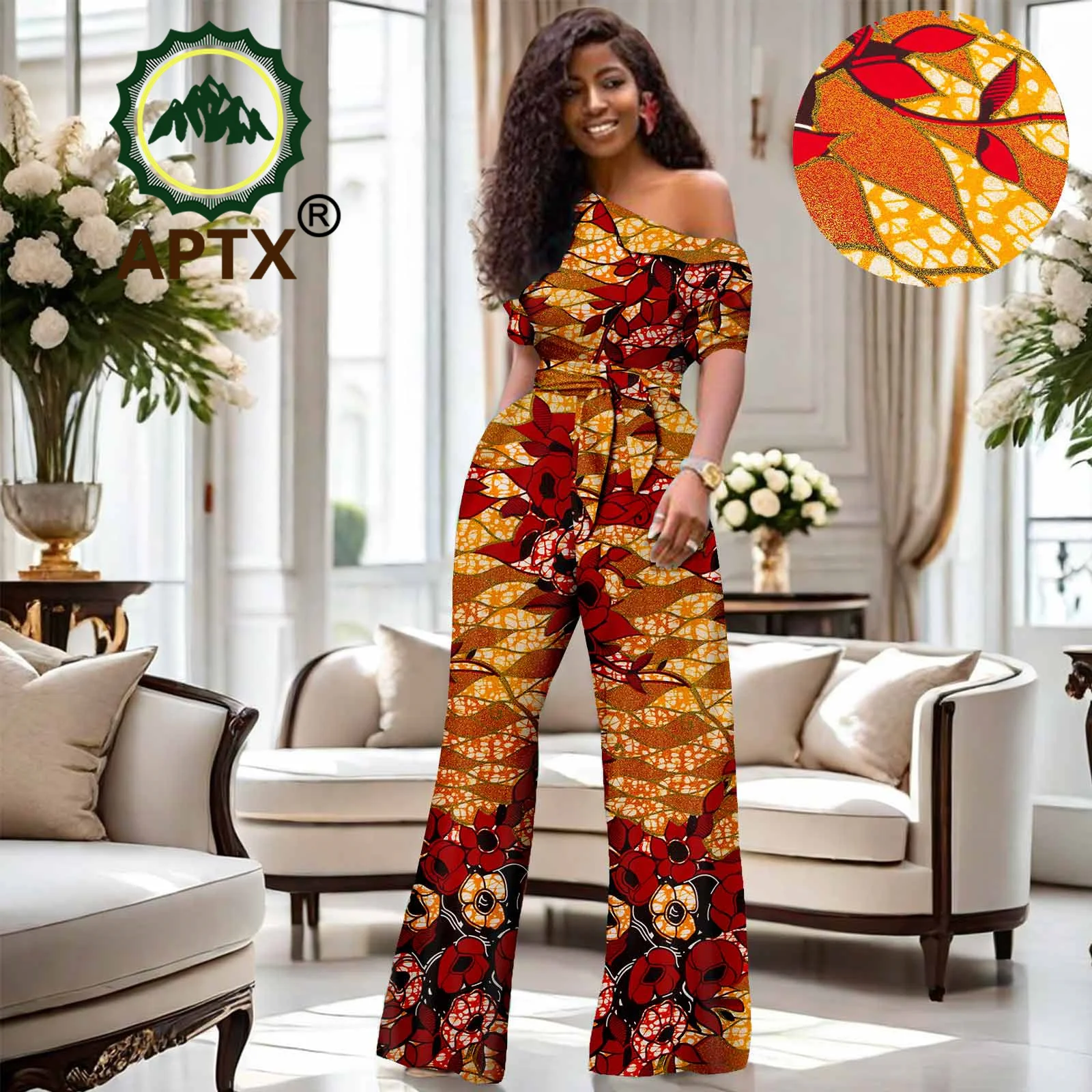 African Women\'s Dashiki Printed Skew Collar High Waisted Cotton Jumpsuit Dashiki Fashion One Piece Suit Set