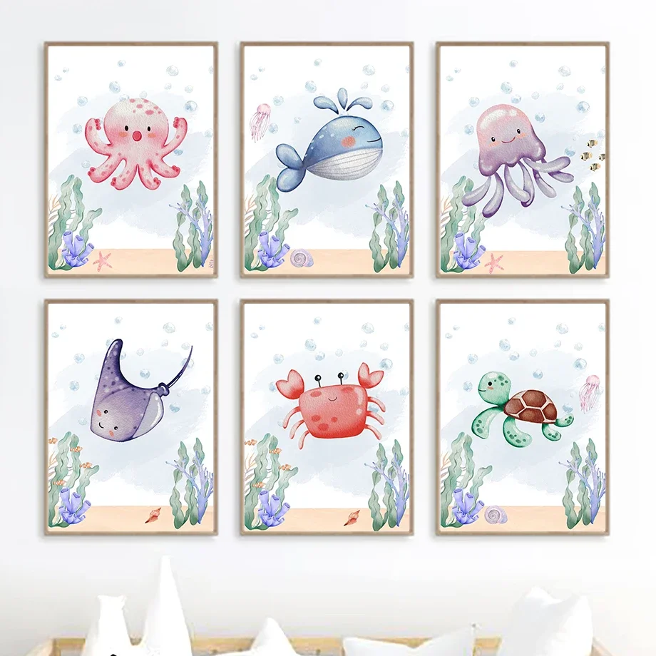 

Whale Turtle Crab Octopus Ocean Animal Nursery Nordic Posters And Prints Wall Art Canvas Painting Pictures Baby Kids Room Decor