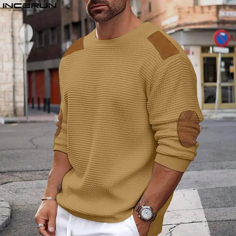 

INCERUN Tops 2023 American Style Fashionable Casual New Men Sweater Leisure Solid Color Patch O-neck Long Sleeved Pullover S-5XL